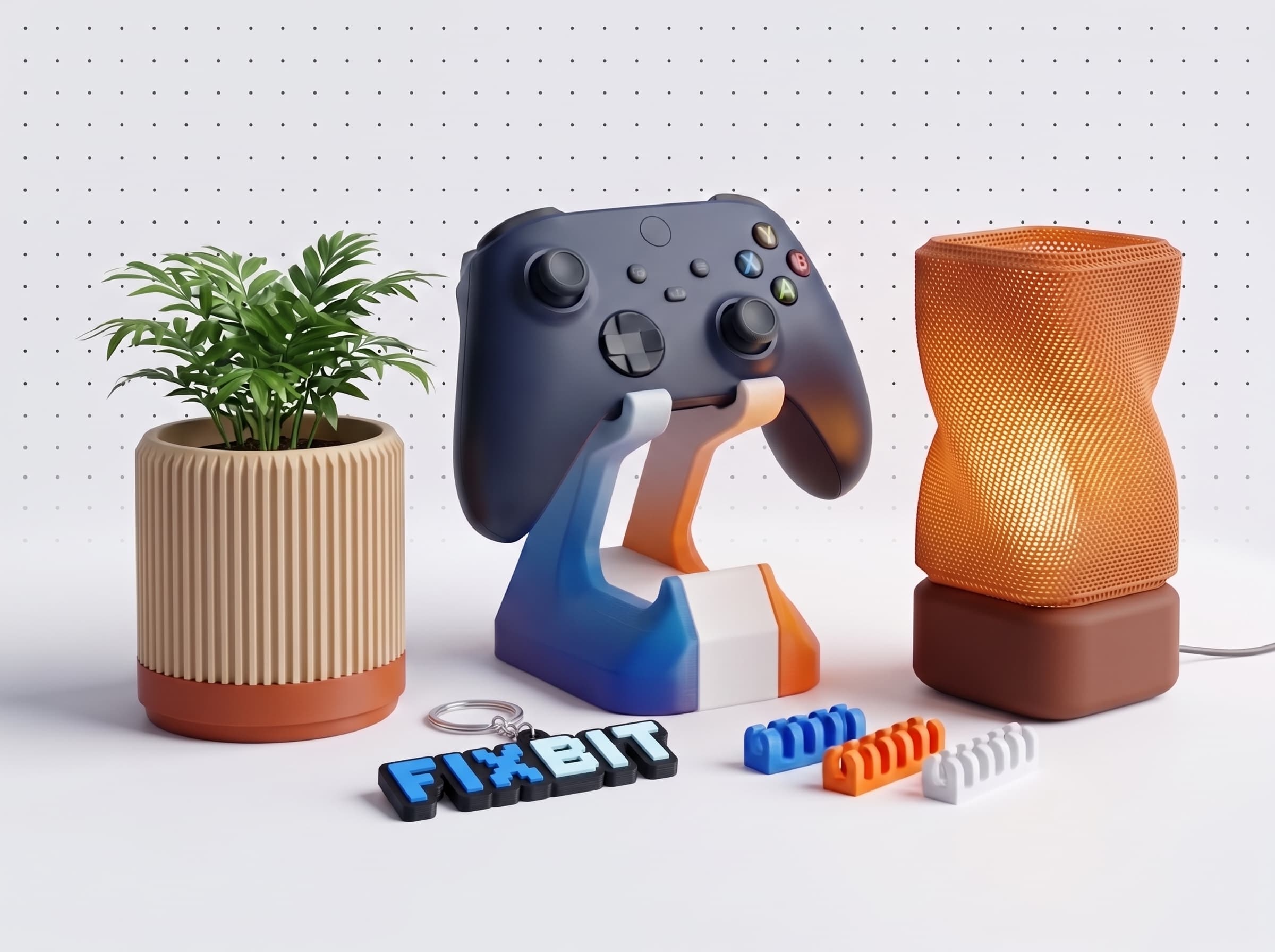 Piezas impresas en 3D: maceta geométrica, soporte de joystick, engranaje y accesorios